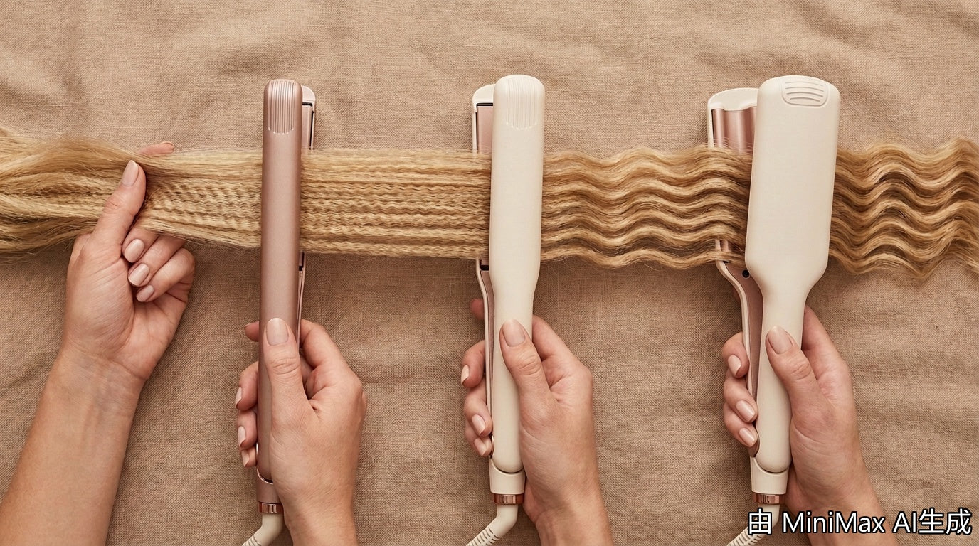 Three hair crimper tools comparison flat lay with hand styling