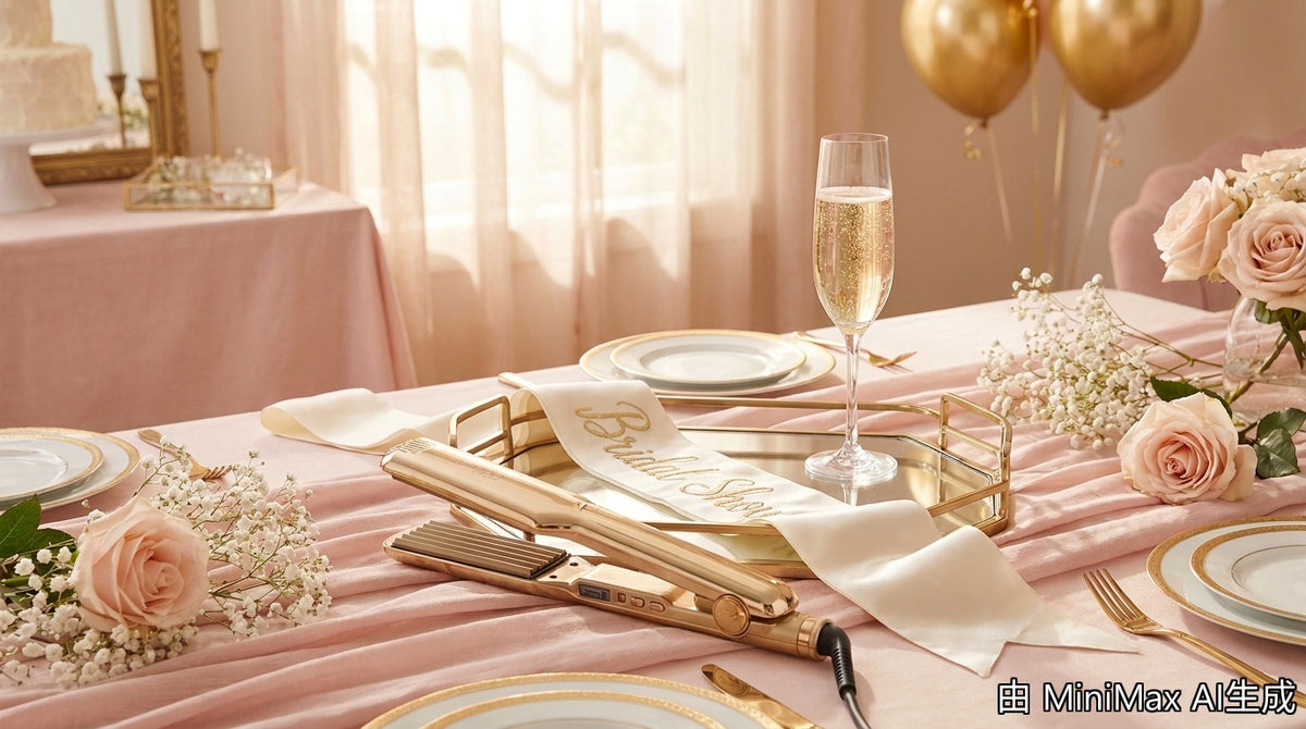 Hair crimper on vanity for bridal shower styling