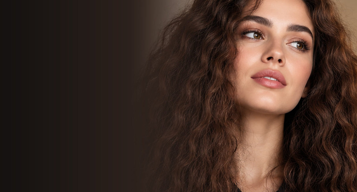 Original editorial portrait of thick textured brunette hair for a hair crimper buying guide