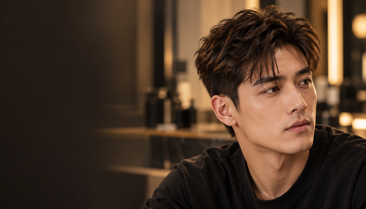 Adult man with styled short textured hair and naturally lifted crown, original FIFN editorial portrait